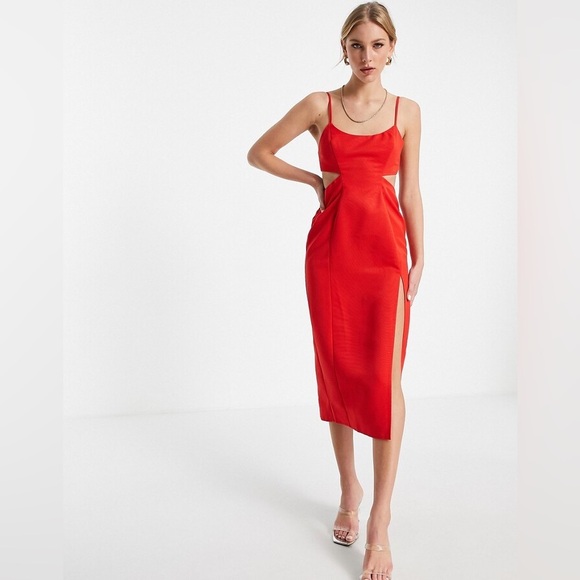 ASOS Red Sheath Midi Dress with Cutout Spaghetti Straps - Picture 1 of 6